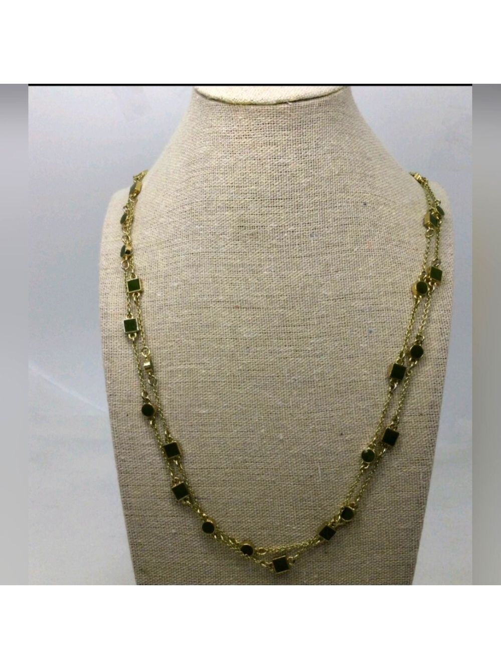 Ann Taylor Olive Green Enamel Geometric Necklace 56" NWOT